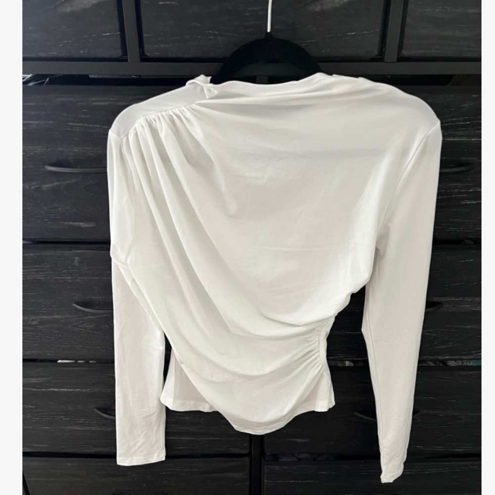 Ruched Asymmetric White Long Sleeve Shirt Slim Fit Stretchy - Picture 8 of 10